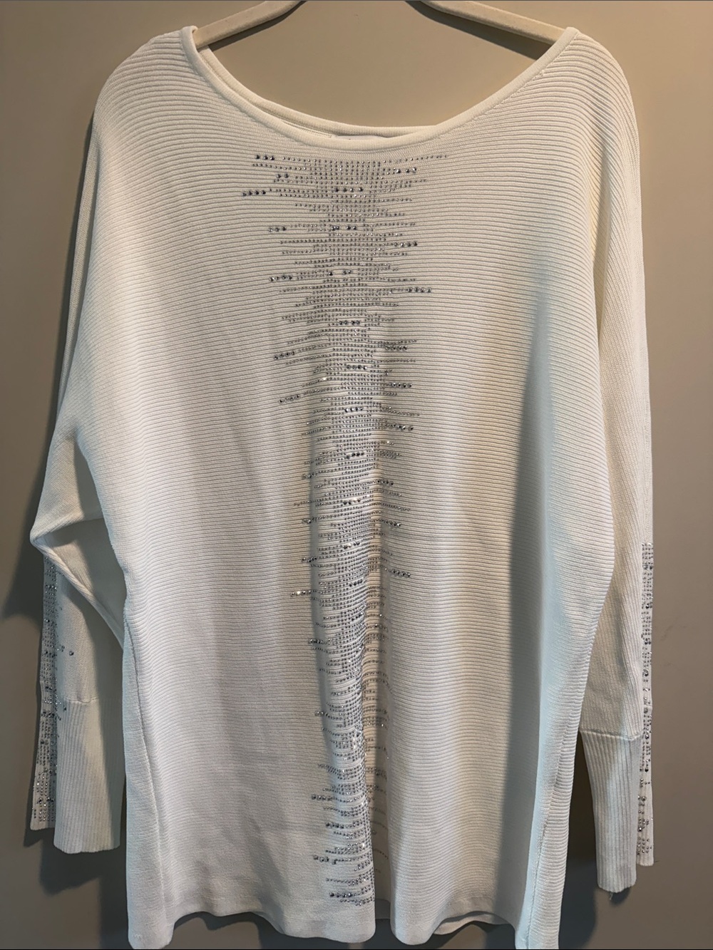 Chico's White Ribbed Long Sleeve Top with Silver Sequin Stripe
